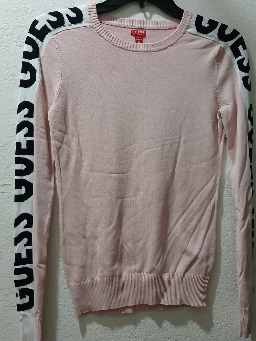 Guess los angeles XS Light Pink Crewneck Sweater with Black Logo Sleeve Stripes